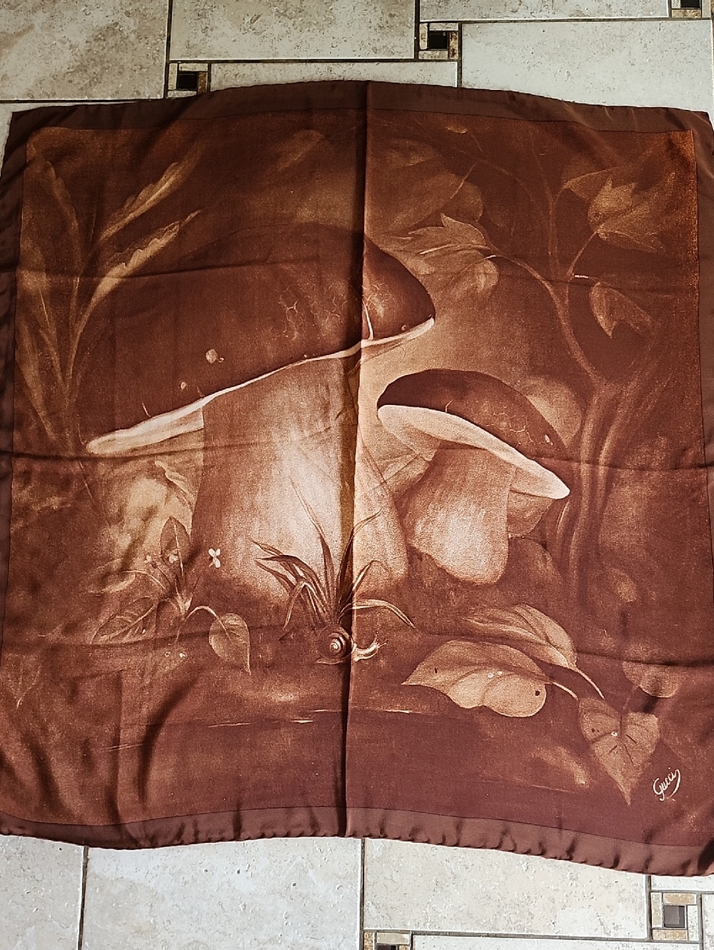 Vintage Gucci Silk Mushroom Print Scarf in Brown